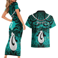 Personalised Maori Matariki Hei Matau Turquoise Couples Matching Short Sleeve Bodycon Dress and Hawaiian Shirt Maori Kowhaiwhai Pattern Galaxy