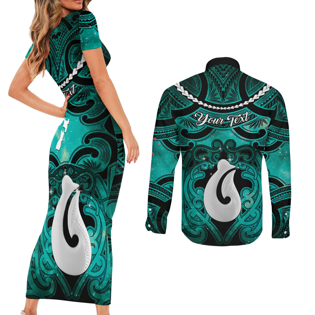 Personalised Maori Matariki Hei Matau Turquoise Couples Matching Short Sleeve Bodycon Dress and Long Sleeve Button Shirt Maori Kowhaiwhai Pattern Galaxy