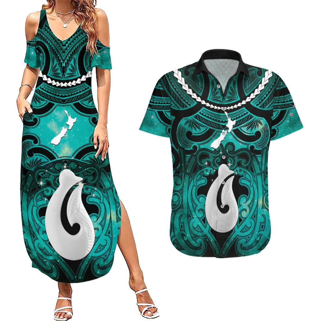 Personalised Maori Matariki Hei Matau Turquoise Couples Matching Summer Maxi Dress and Hawaiian Shirt Maori Kowhaiwhai Pattern Galaxy
