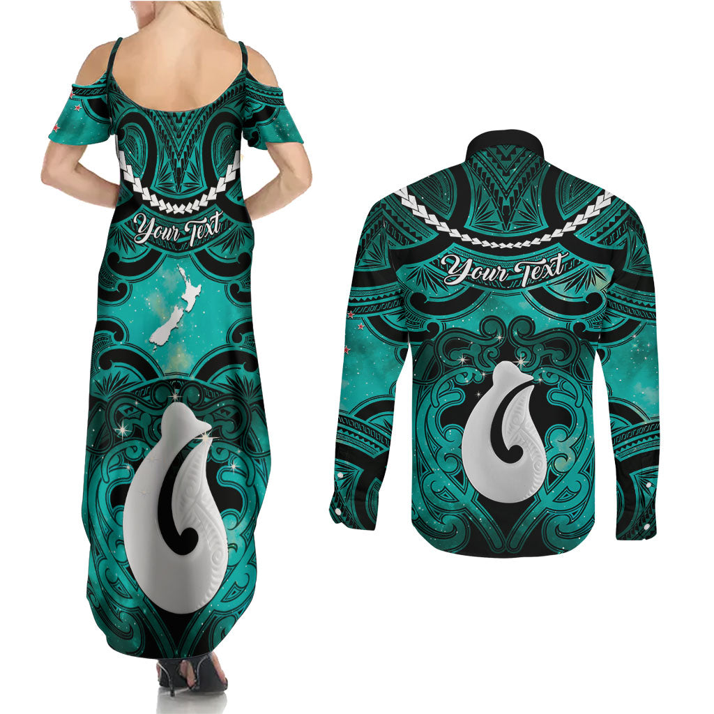 Personalised Maori Matariki Hei Matau Turquoise Couples Matching Summer Maxi Dress and Long Sleeve Button Shirt Maori Kowhaiwhai Pattern Galaxy