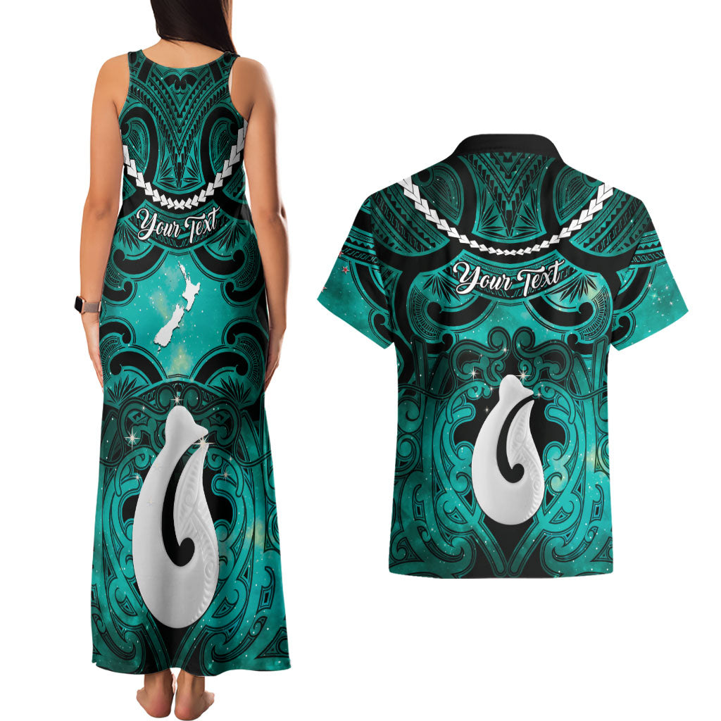 Personalised Maori Matariki Hei Matau Turquoise Couples Matching Tank Maxi Dress and Hawaiian Shirt Maori Kowhaiwhai Pattern Galaxy