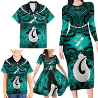 Personalised Maori Matariki Hei Matau Turquoise Family Matching Long Sleeve Bodycon Dress and Hawaiian Shirt Maori Kowhaiwhai Pattern Galaxy