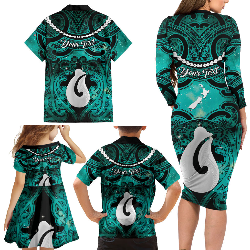 Personalised Maori Matariki Hei Matau Turquoise Family Matching Long Sleeve Bodycon Dress and Hawaiian Shirt Maori Kowhaiwhai Pattern Galaxy