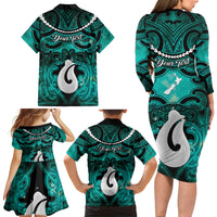Personalised Maori Matariki Hei Matau Turquoise Family Matching Long Sleeve Bodycon Dress and Hawaiian Shirt Maori Kowhaiwhai Pattern Galaxy