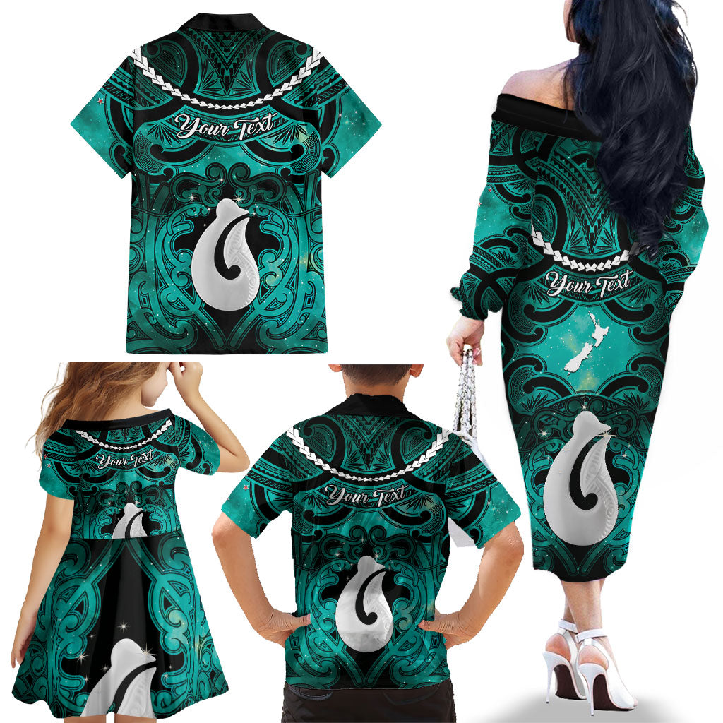 Personalised Maori Matariki Hei Matau Turquoise Family Matching Off The Shoulder Long Sleeve Dress and Hawaiian Shirt Maori Kowhaiwhai Pattern Galaxy