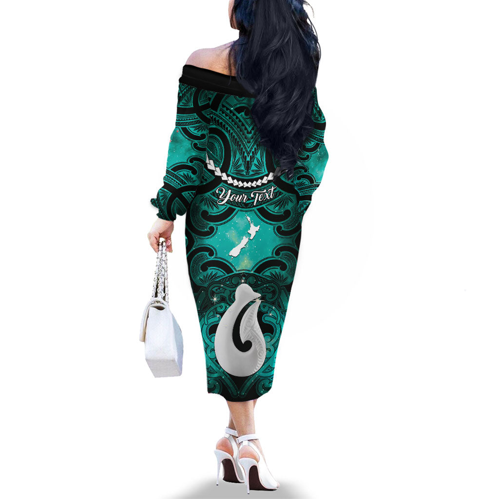 Personalised Maori Matariki Hei Matau Turquoise Family Matching Off The Shoulder Long Sleeve Dress and Hawaiian Shirt Maori Kowhaiwhai Pattern Galaxy