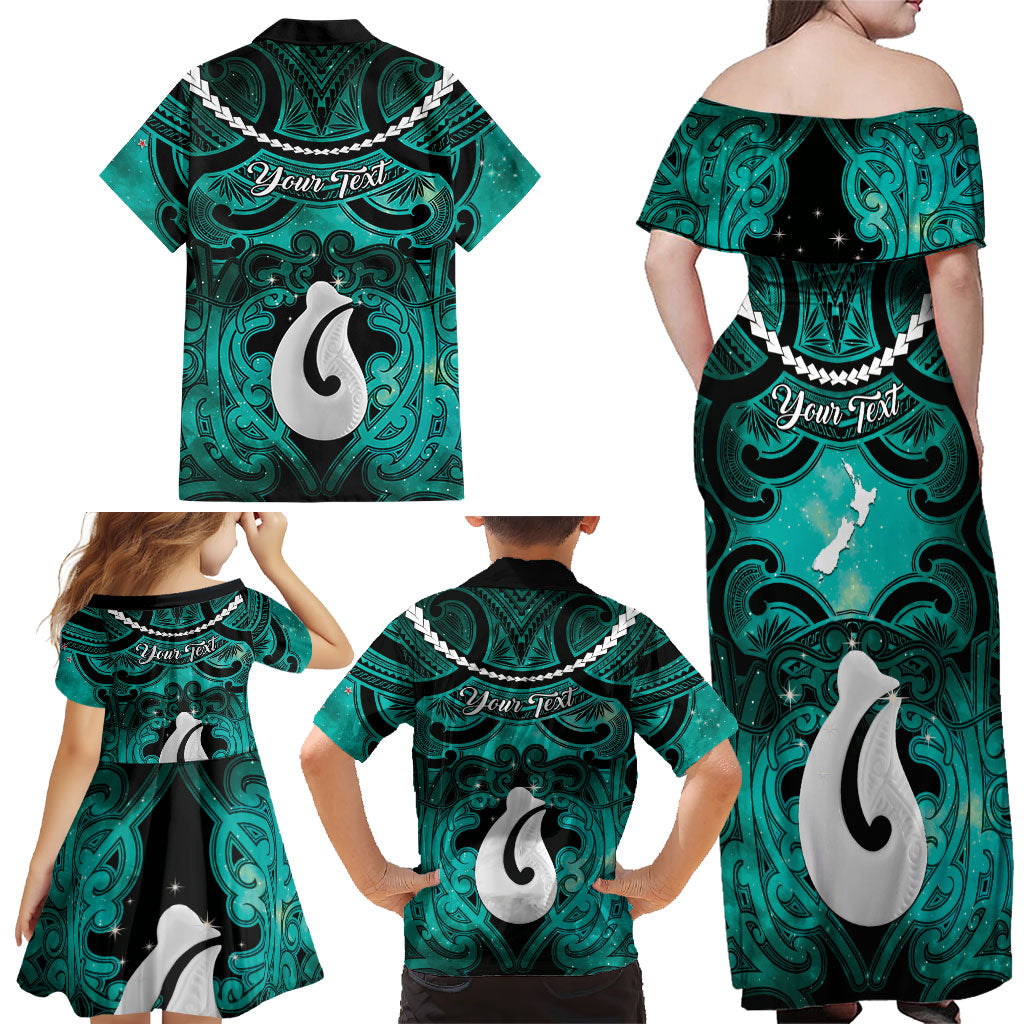 Personalised Maori Matariki Hei Matau Turquoise Family Matching Off Shoulder Maxi Dress and Hawaiian Shirt Maori Kowhaiwhai Pattern Galaxy