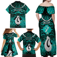 Personalised Maori Matariki Hei Matau Turquoise Family Matching Off Shoulder Maxi Dress and Hawaiian Shirt Maori Kowhaiwhai Pattern Galaxy