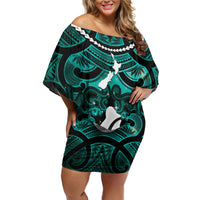 Personalised Maori Matariki Hei Matau Turquoise Family Matching Off Shoulder Short Dress and Hawaiian Shirt Maori Kowhaiwhai Pattern Galaxy