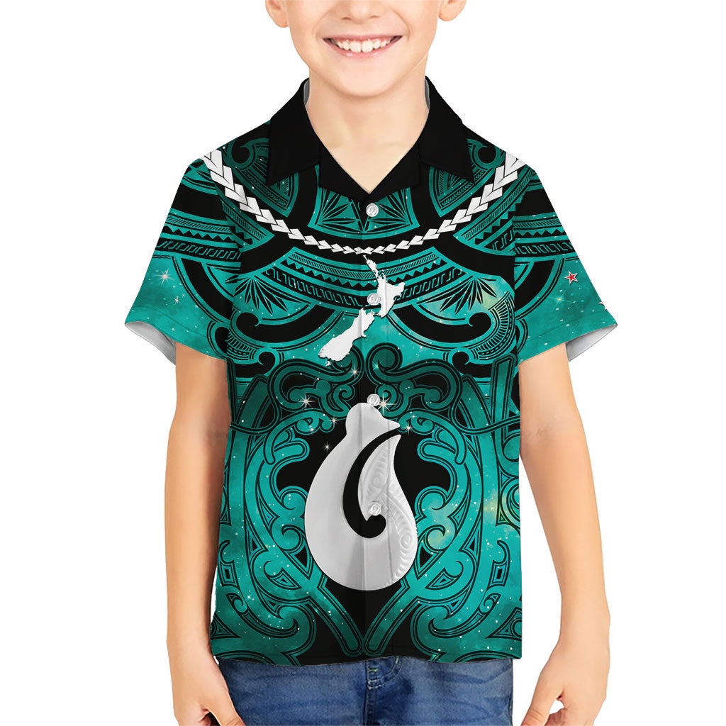 Personalised Maori Matariki Hei Matau Turquoise Family Matching Off Shoulder Short Dress and Hawaiian Shirt Maori Kowhaiwhai Pattern Galaxy