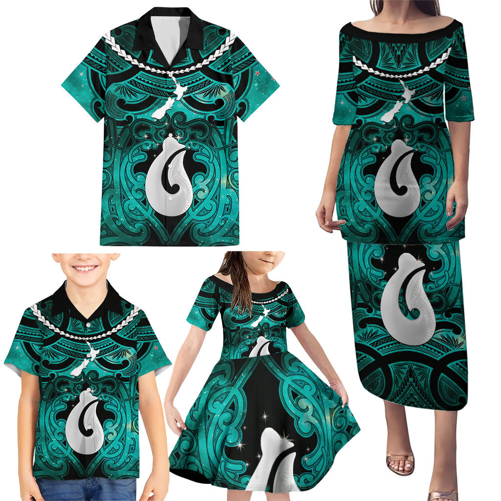 Personalised Maori Matariki Hei Matau Turquoise Family Matching Puletasi and Hawaiian Shirt Maori Kowhaiwhai Pattern Galaxy