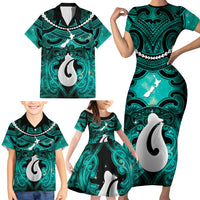 Personalised Maori Matariki Hei Matau Turquoise Family Matching Short Sleeve Bodycon Dress and Hawaiian Shirt Maori Kowhaiwhai Pattern Galaxy
