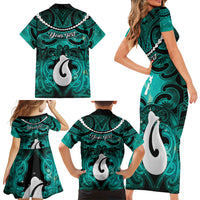 Personalised Maori Matariki Hei Matau Turquoise Family Matching Short Sleeve Bodycon Dress and Hawaiian Shirt Maori Kowhaiwhai Pattern Galaxy