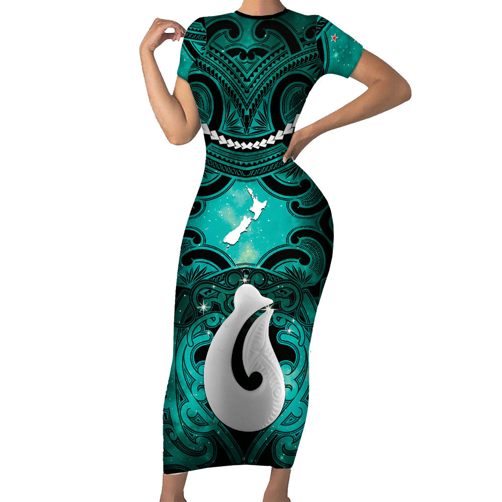 Personalised Maori Matariki Hei Matau Turquoise Family Matching Short Sleeve Bodycon Dress and Hawaiian Shirt Maori Kowhaiwhai Pattern Galaxy