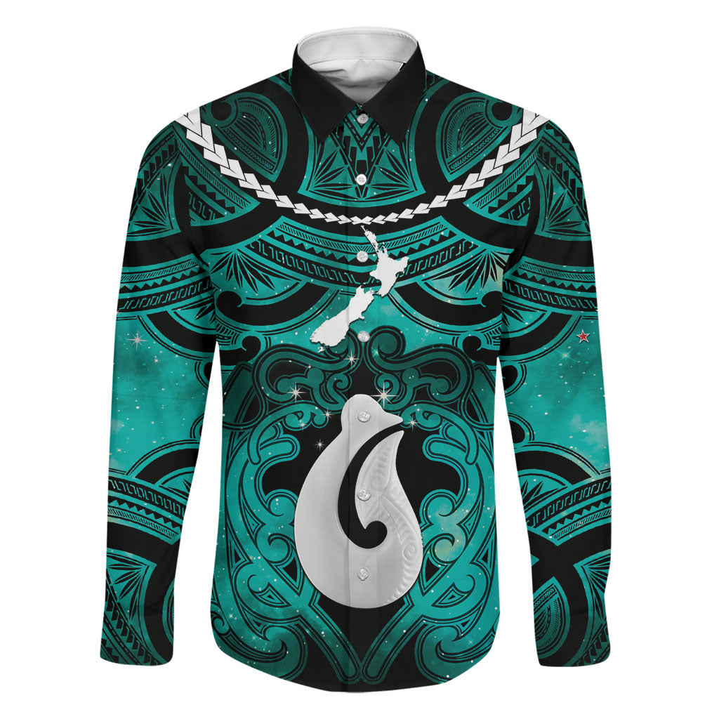 Personalised Maori Matariki Hei Matau Turquoise Family Matching Summer Maxi Dress and Hawaiian Shirt Maori Kowhaiwhai Pattern Galaxy
