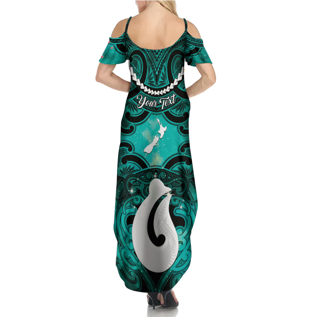 Personalised Maori Matariki Hei Matau Turquoise Family Matching Summer Maxi Dress and Hawaiian Shirt Maori Kowhaiwhai Pattern Galaxy