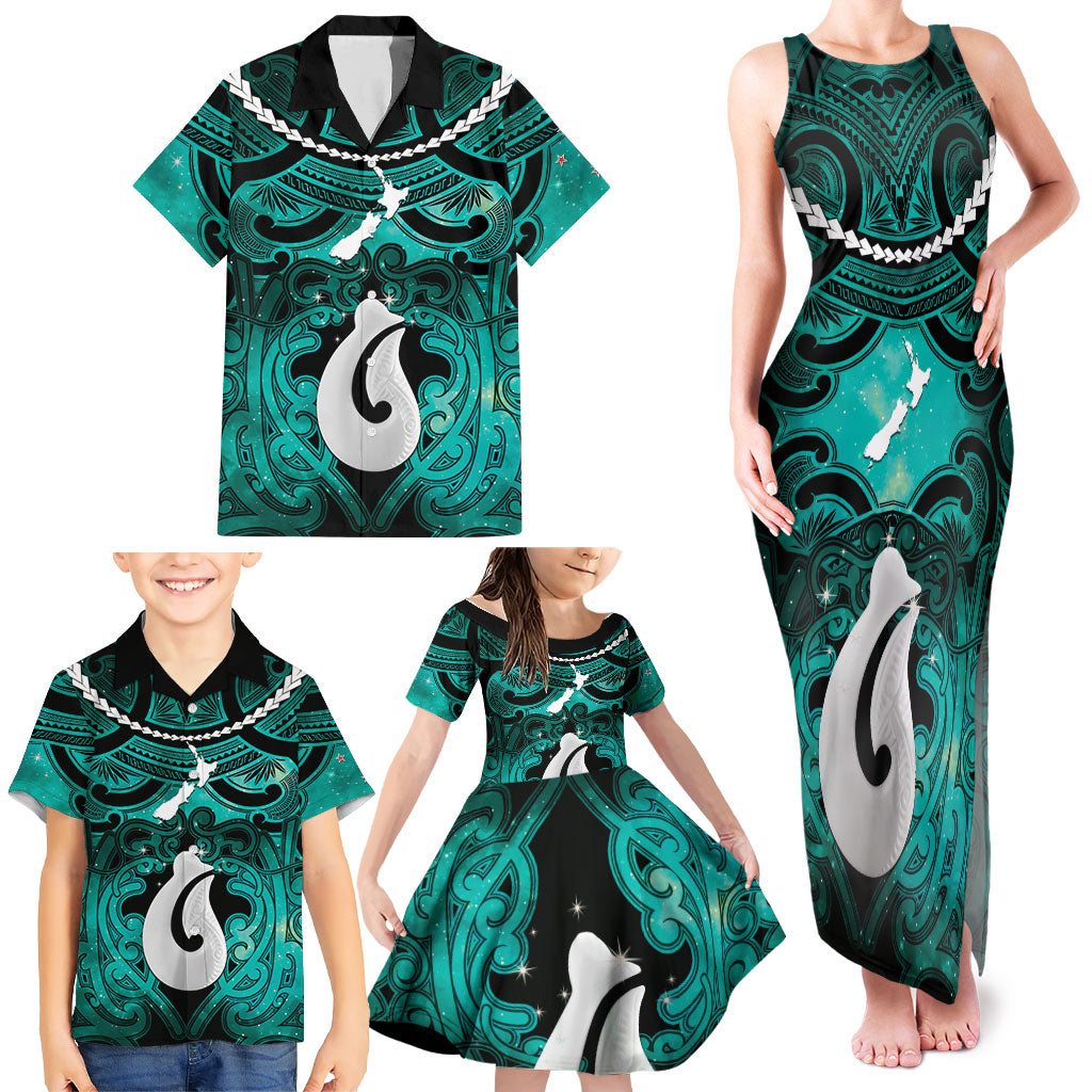 Personalised Maori Matariki Hei Matau Turquoise Family Matching Tank Maxi Dress and Hawaiian Shirt Maori Kowhaiwhai Pattern Galaxy