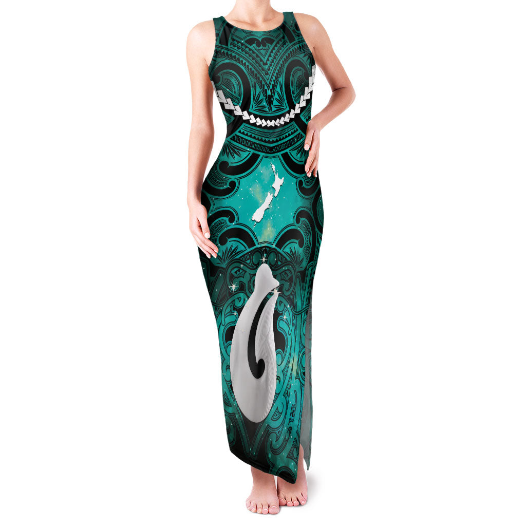 Personalised Maori Matariki Hei Matau Turquoise Family Matching Tank Maxi Dress and Hawaiian Shirt Maori Kowhaiwhai Pattern Galaxy