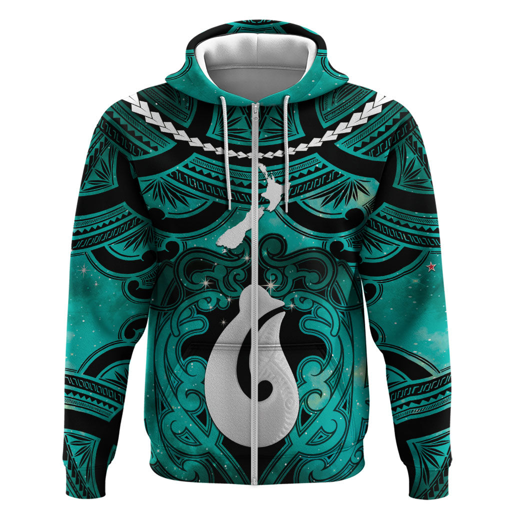 Personalised Maori Matariki Hei Matau Turquoise Hoodie Maori Kowhaiwhai Pattern Galaxy