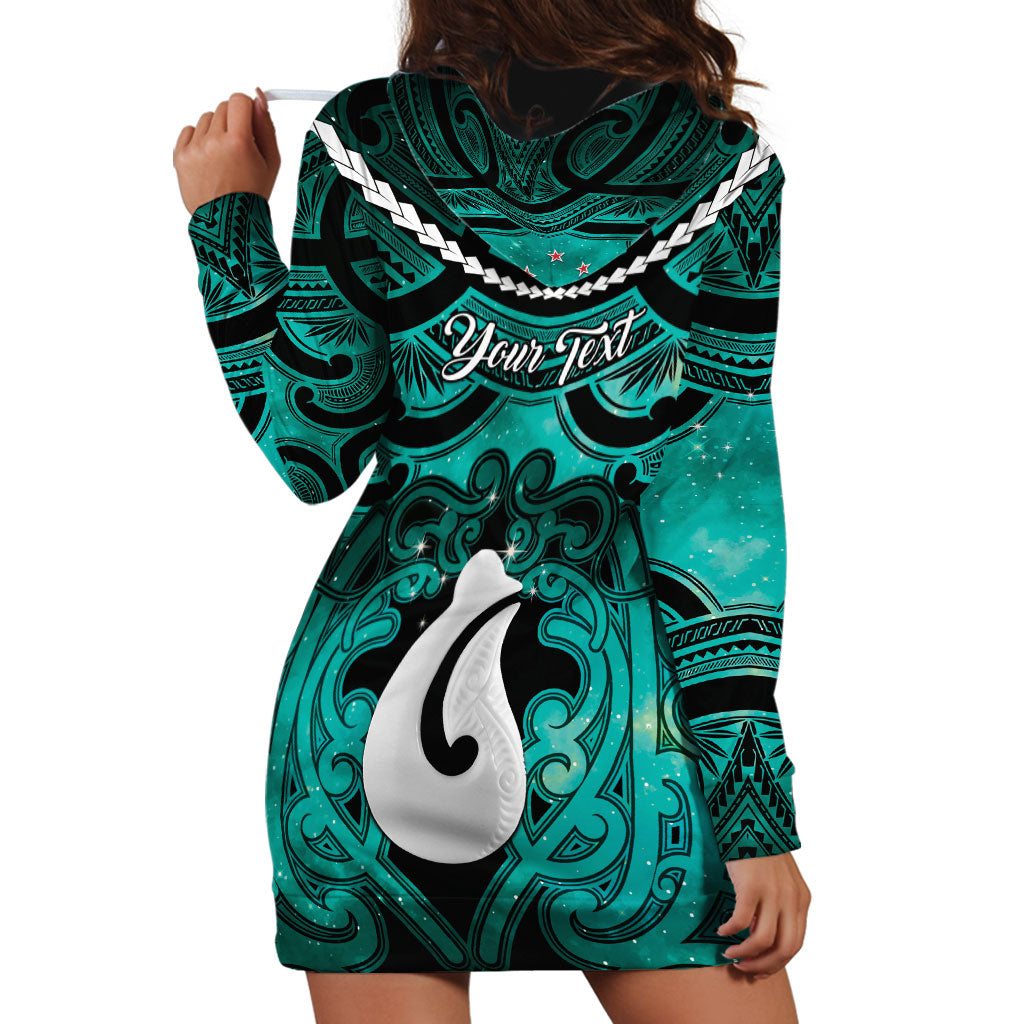 Personalised Maori Matariki Hei Matau Turquoise Hoodie Dress Maori Kowhaiwhai Pattern Galaxy LT01 - Polynesian Pride