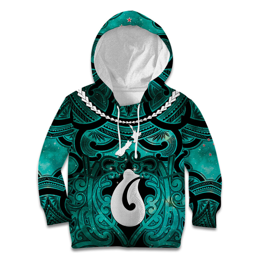 Personalised Maori Matariki Hei Matau Turquoise Kid Hoodie Maori Kowhaiwhai Pattern Galaxy LT01 Hoodie Turquoise - Polynesian Pride