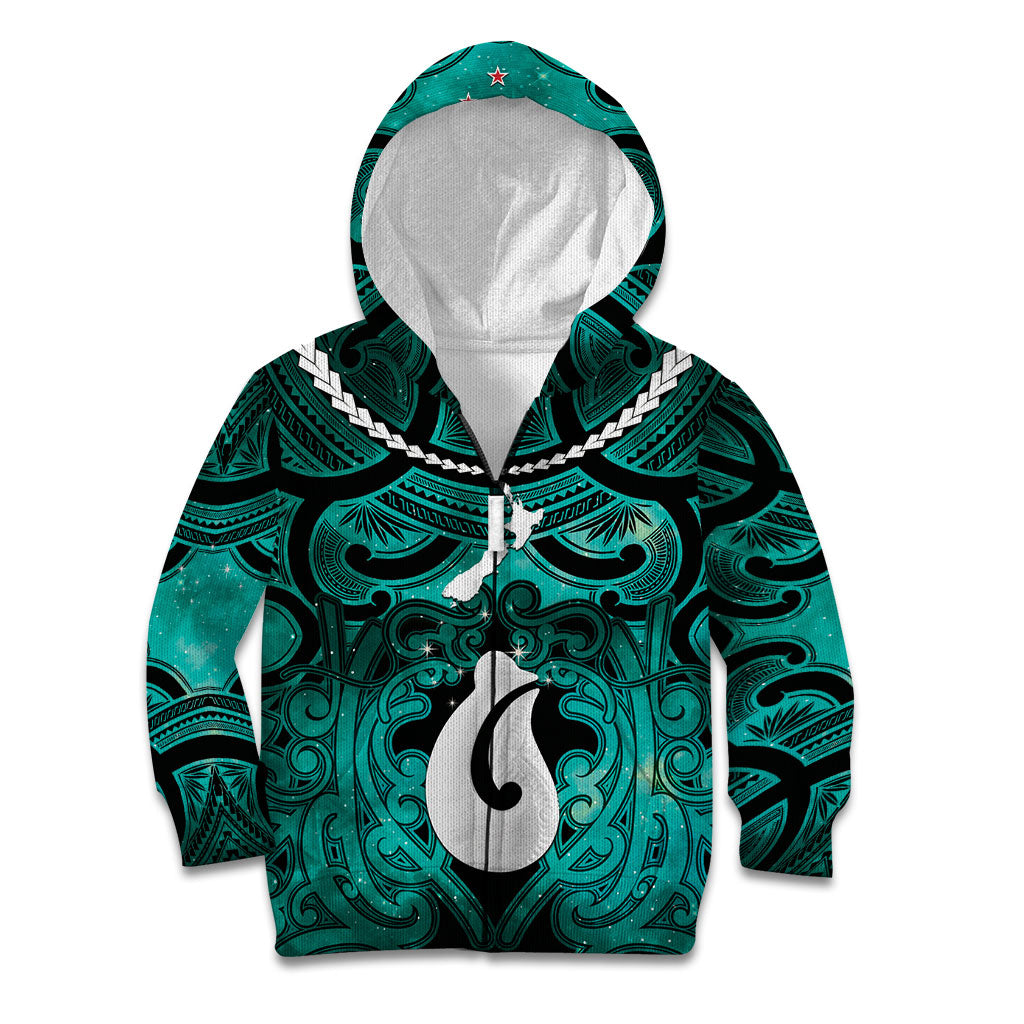 Personalised Maori Matariki Hei Matau Turquoise Kid Hoodie Maori Kowhaiwhai Pattern Galaxy LT01 Zip Hoodie Turquoise - Polynesian Pride