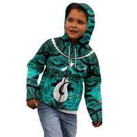 Personalised Maori Matariki Hei Matau Turquoise Kid Hoodie Maori Kowhaiwhai Pattern Galaxy LT01 - Polynesian Pride