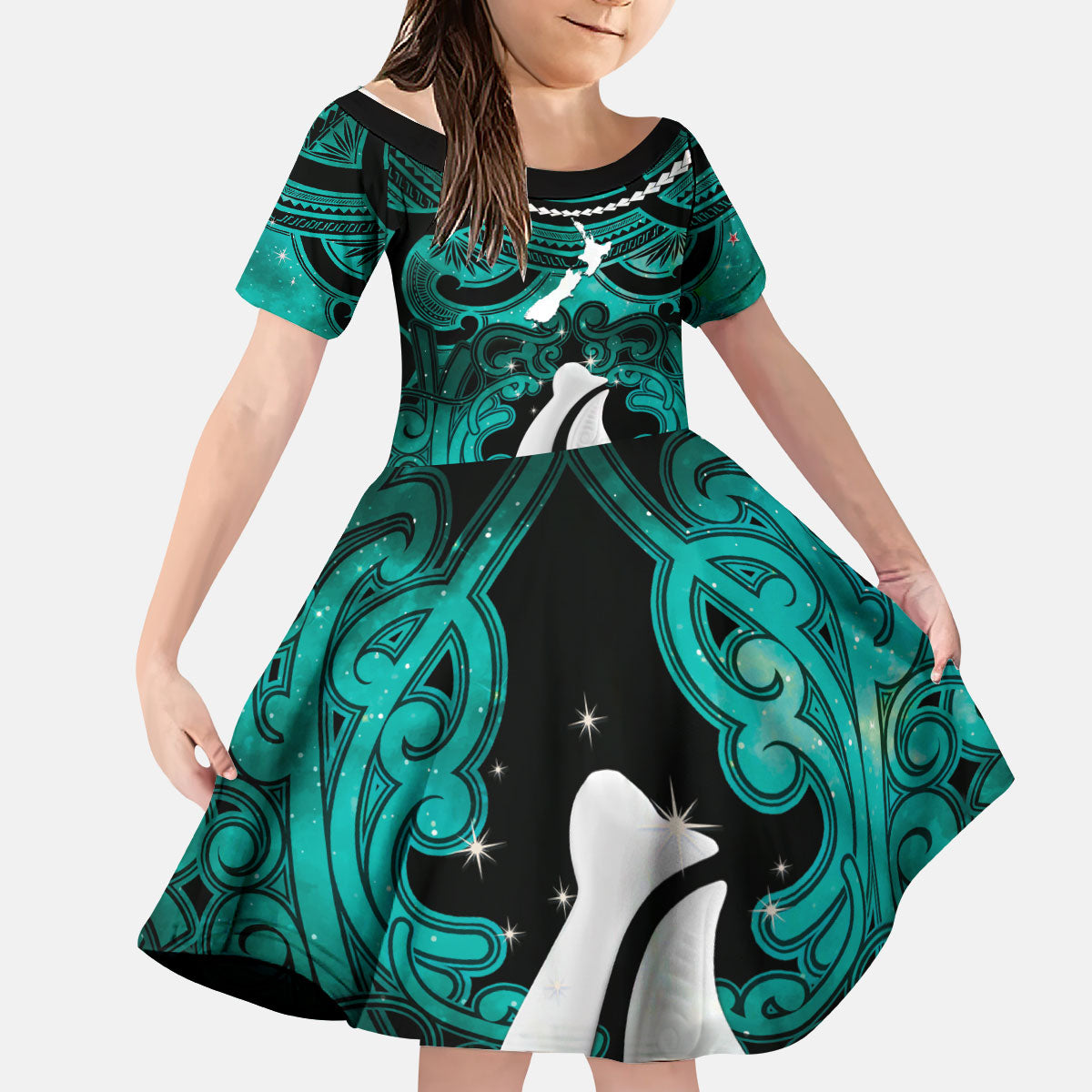 Personalised Maori Matariki Hei Matau Turquoise Kid Short Sleeve Dress Maori Kowhaiwhai Pattern Galaxy LT01 KID Turquoise - Polynesian Pride