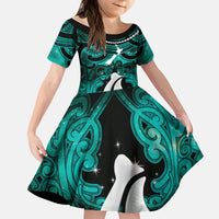 Personalised Maori Matariki Hei Matau Turquoise Kid Short Sleeve Dress Maori Kowhaiwhai Pattern Galaxy LT01 KID Turquoise - Polynesian Pride