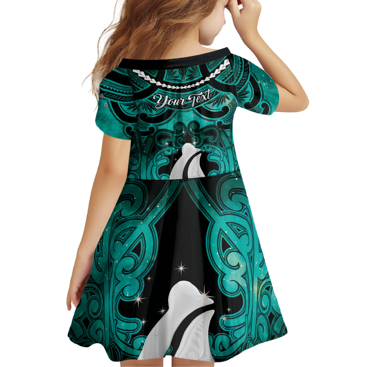 Personalised Maori Matariki Hei Matau Turquoise Kid Short Sleeve Dress Maori Kowhaiwhai Pattern Galaxy LT01 - Polynesian Pride