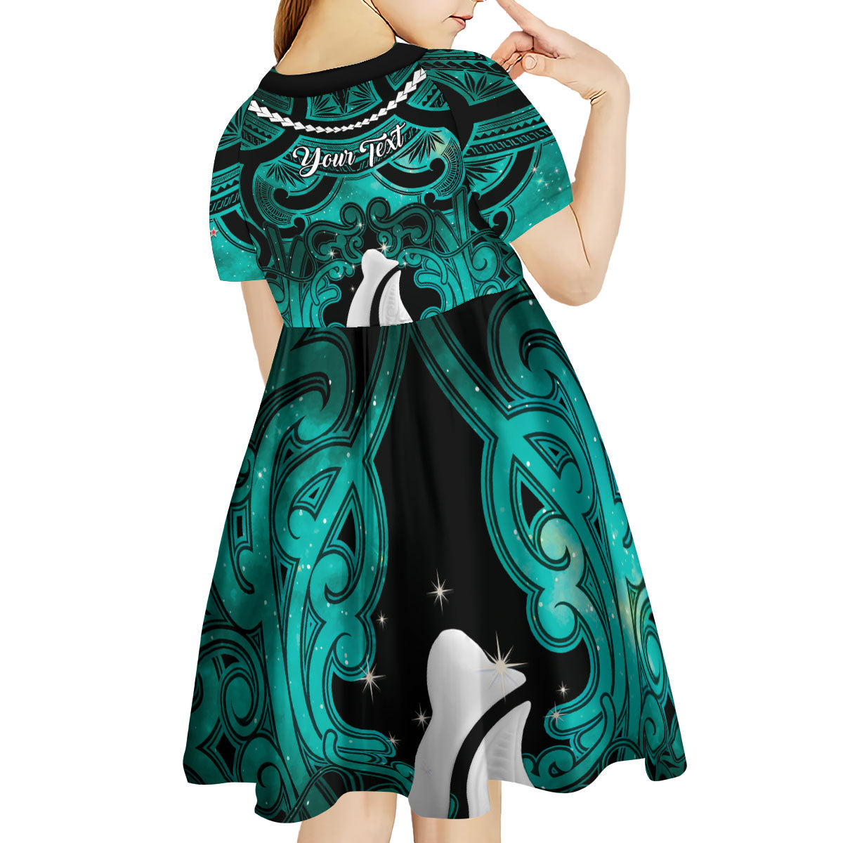 Personalised Maori Matariki Hei Matau Turquoise Kid Short Sleeve Dress Maori Kowhaiwhai Pattern Galaxy LT01 - Polynesian Pride