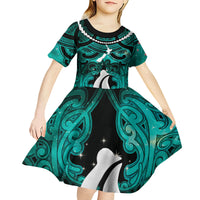 Personalised Maori Matariki Hei Matau Turquoise Kid Short Sleeve Dress Maori Kowhaiwhai Pattern Galaxy LT01 - Polynesian Pride