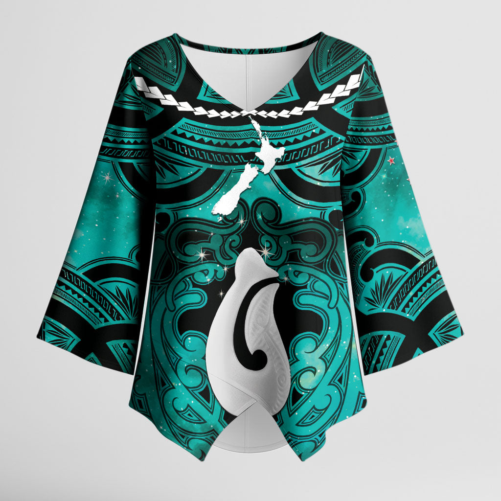 Personalised Maori Matariki Hei Matau Turquoise Kimono Sleeve Blouse Maori Kowhaiwhai Pattern Galaxy