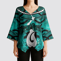 Personalised Maori Matariki Hei Matau Turquoise Kimono Sleeve Blouse Maori Kowhaiwhai Pattern Galaxy