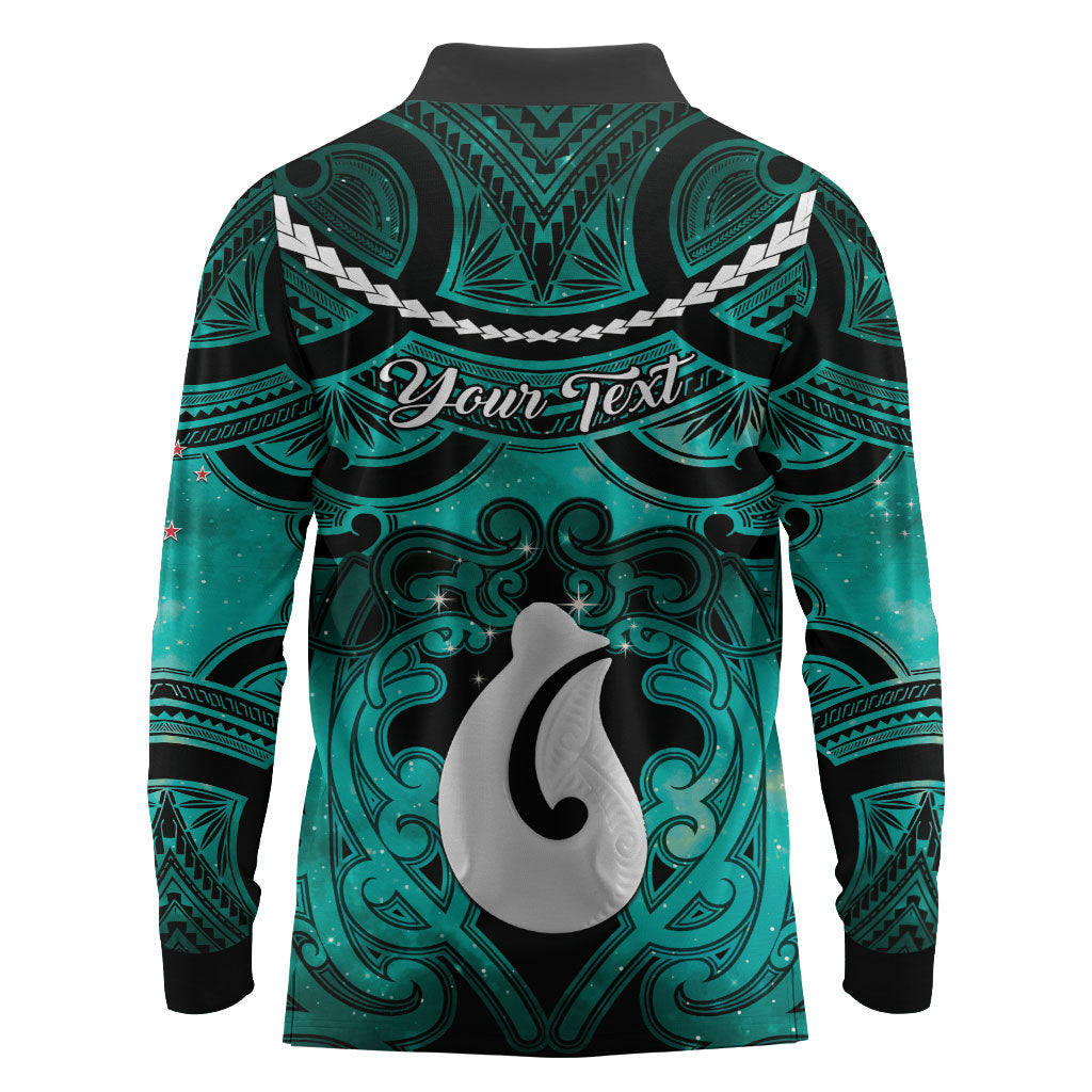 Personalised Maori Matariki Hei Matau Turquoise Long Sleeve Polo Shirt Maori Kowhaiwhai Pattern Galaxy