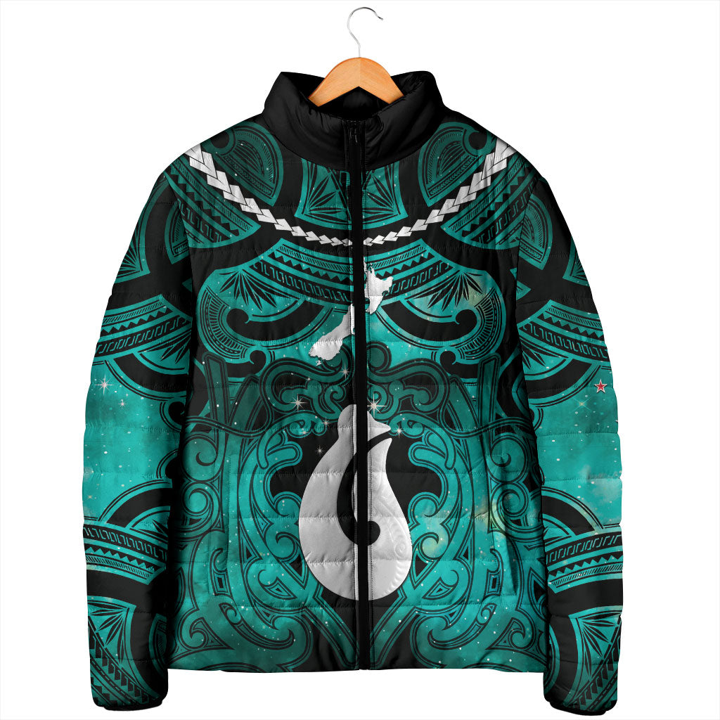 Personalised Maori Matariki Hei Matau Turquoise Padded Jacket Maori Kowhaiwhai Pattern Galaxy