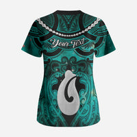 Personalised Maori Matariki Hei Matau Turquoise Scrub Top Maori Kowhaiwhai Pattern Galaxy