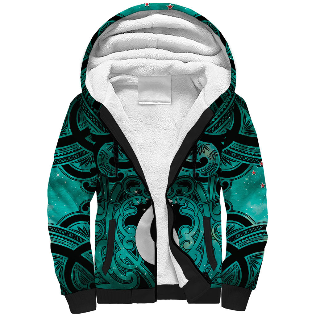 Personalised Maori Matariki Hei Matau Turquoise Sherpa Hoodie Maori Kowhaiwhai Pattern Galaxy