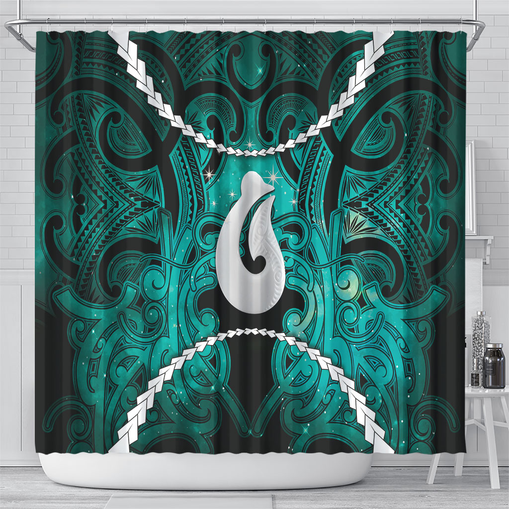 Maori Matariki Hei Matau Turquoise Shower Curtain Maori Kowhaiwhai Pattern Galaxy