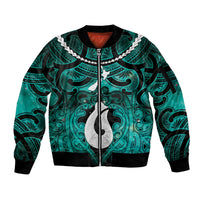 Personalised Maori Matariki Hei Matau Turquoise Sleeve Zip Bomber Jacket Maori Kowhaiwhai Pattern Galaxy