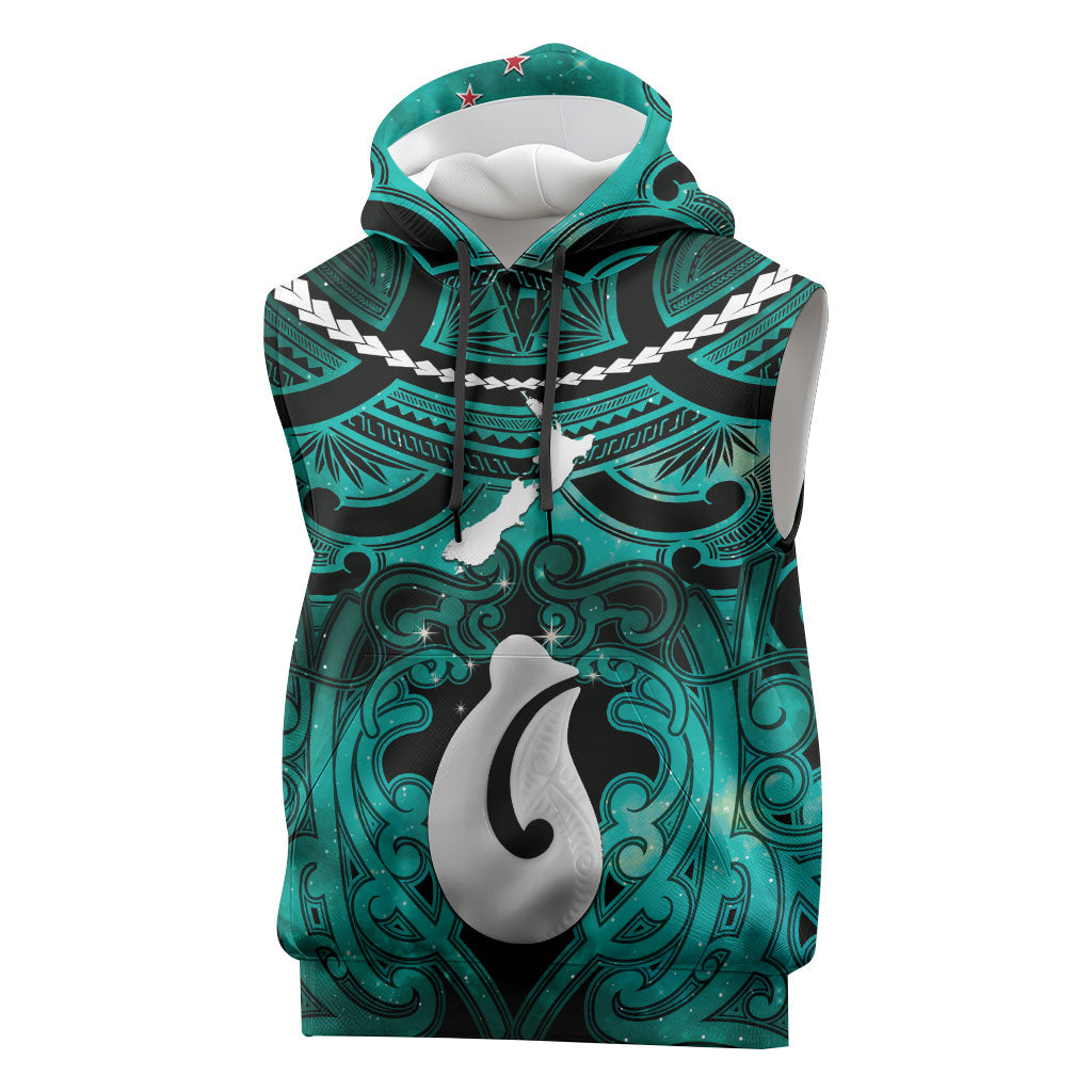 Personalised Maori Matariki Hei Matau Turquoise Sleeveless Hoodie Maori Kowhaiwhai Pattern Galaxy
