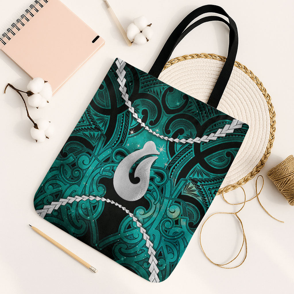 Maori Matariki Hei Matau Turquoise Tote Bag Maori Kowhaiwhai Pattern Galaxy