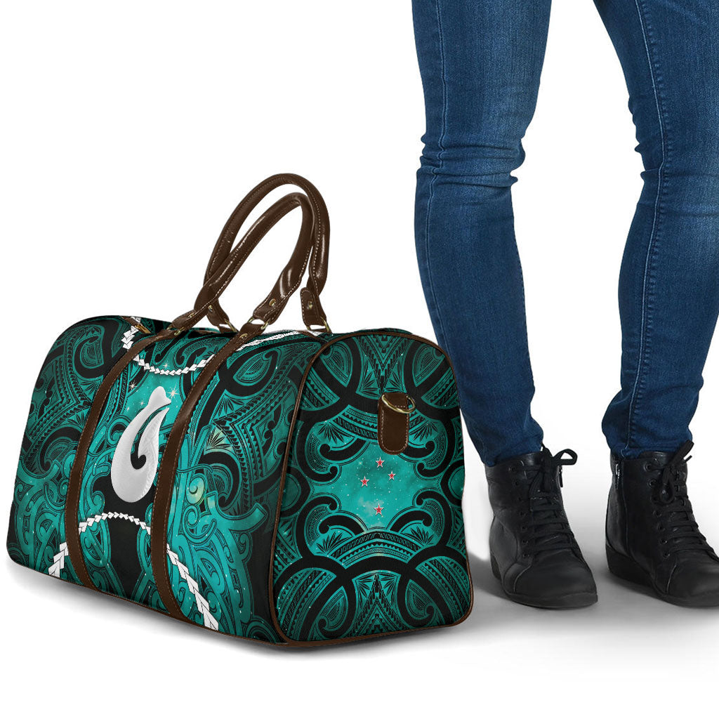Maori Matariki Hei Matau Turquoise Travel Bag Maori Kowhaiwhai Pattern Galaxy