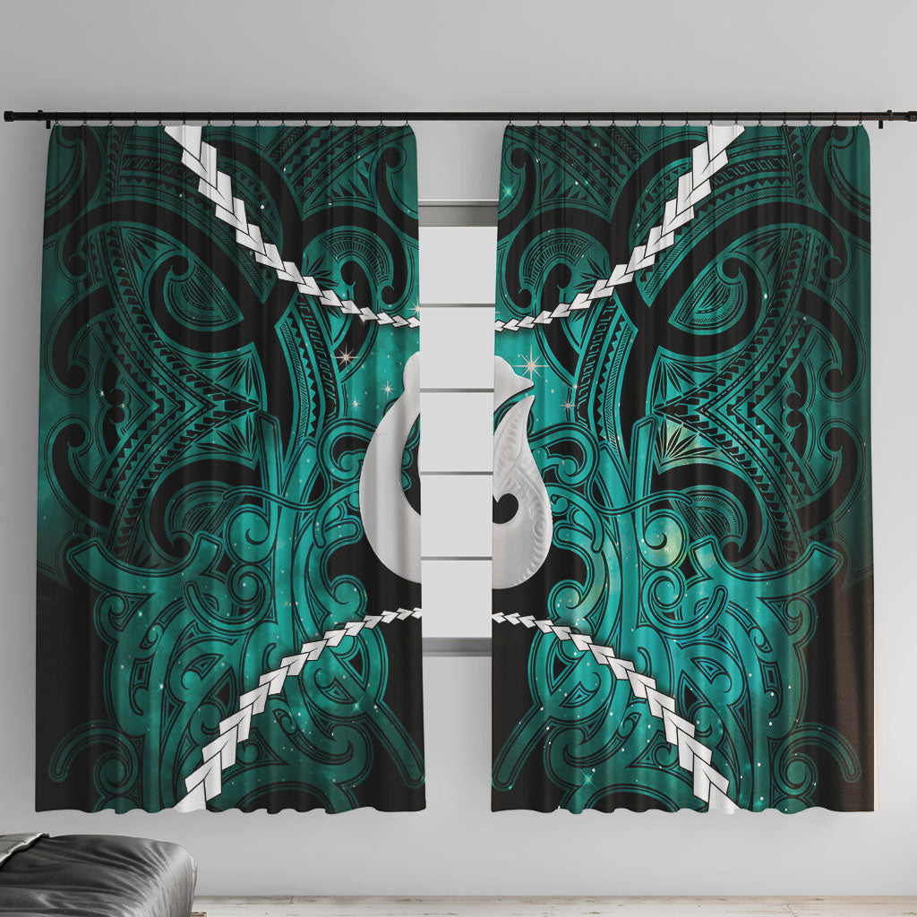 Maori Matariki Hei Matau Turquoise Window Curtain Maori Kowhaiwhai Pattern Galaxy