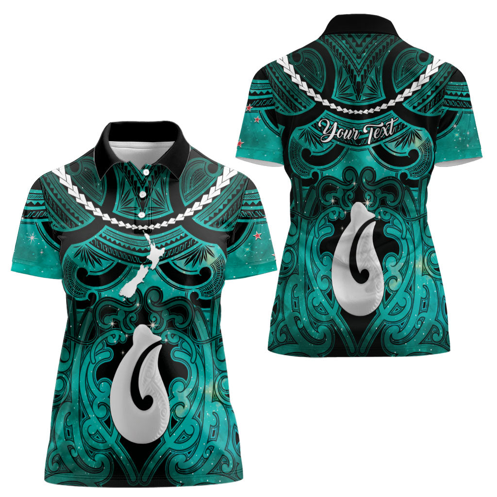 Personalised Maori Matariki Hei Matau Turquoise Women Polo Shirt Maori Kowhaiwhai Pattern Galaxy
