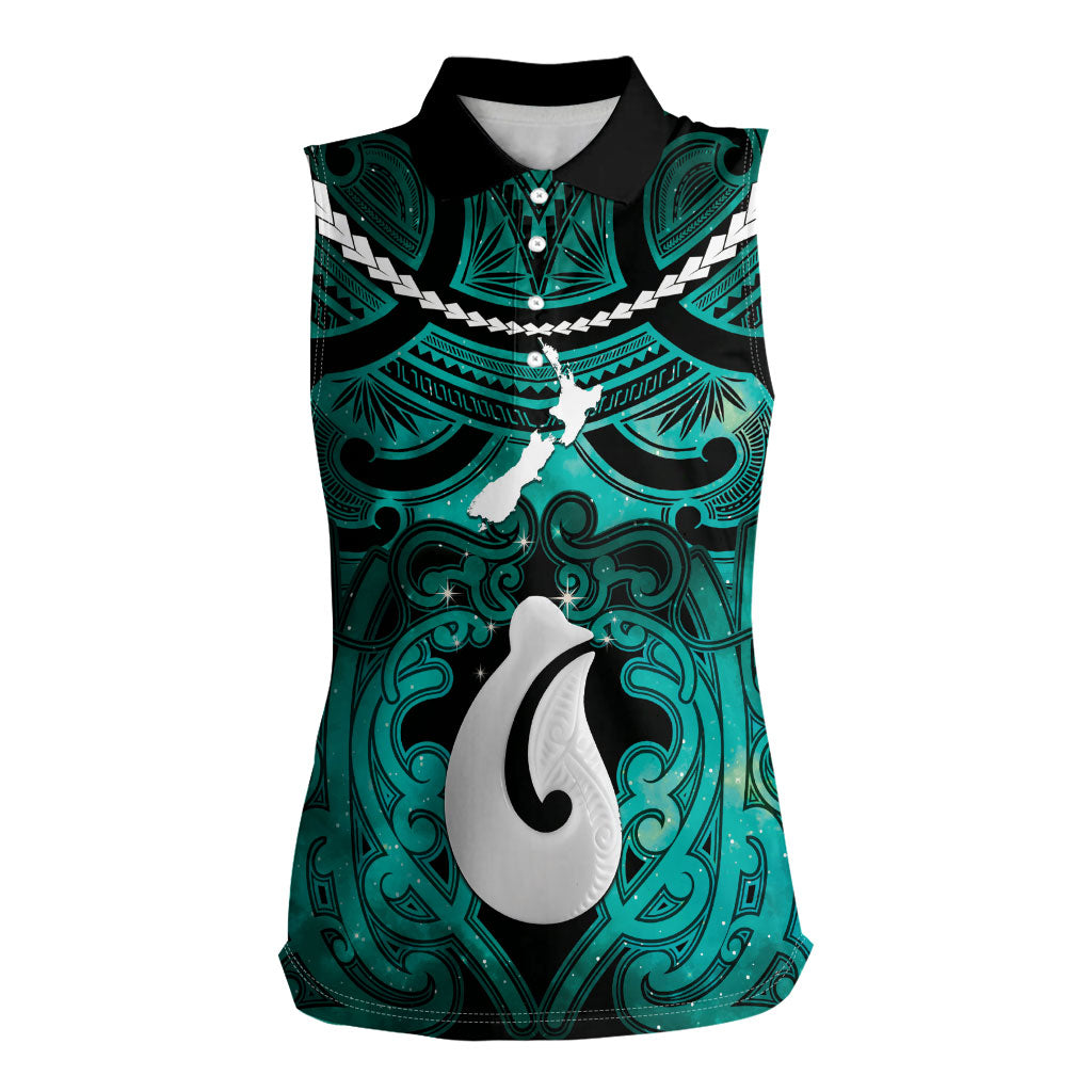 Personalised Maori Matariki Hei Matau Turquoise Women Sleeveless Polo Shirt Maori Kowhaiwhai Pattern Galaxy