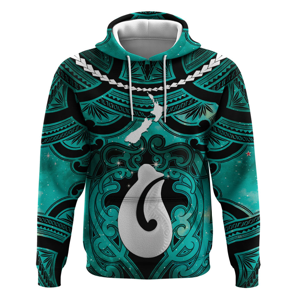 Personalised Maori Matariki Hei Matau Turquoise Zip Hoodie Maori Kowhaiwhai Pattern Galaxy