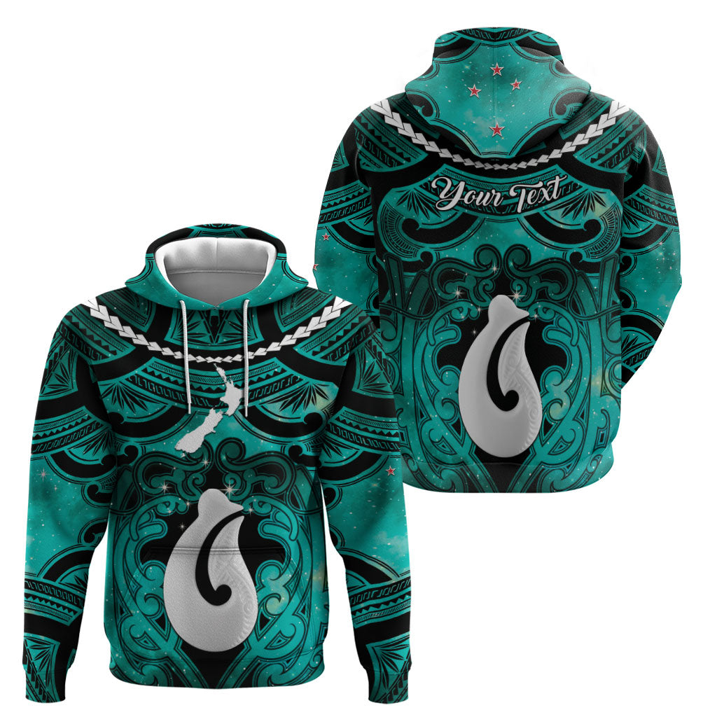 Personalised Maori Matariki Hei Matau Turquoise Zip Hoodie Maori Kowhaiwhai Pattern Galaxy