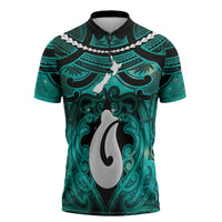 Personalised Maori Matariki Hei Matau Turquoise Zipper Polo Shirt Maori Kowhaiwhai Pattern Galaxy