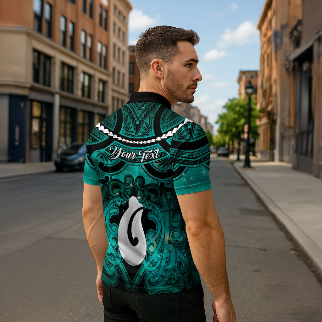 Personalised Maori Matariki Hei Matau Turquoise Zipper Polo Shirt Maori Kowhaiwhai Pattern Galaxy
